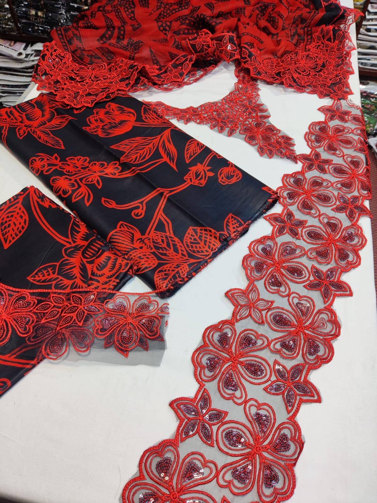 Danish Cloth Nureh red and black new product with stylish fabric, featuring a vibrant red and black pattern.