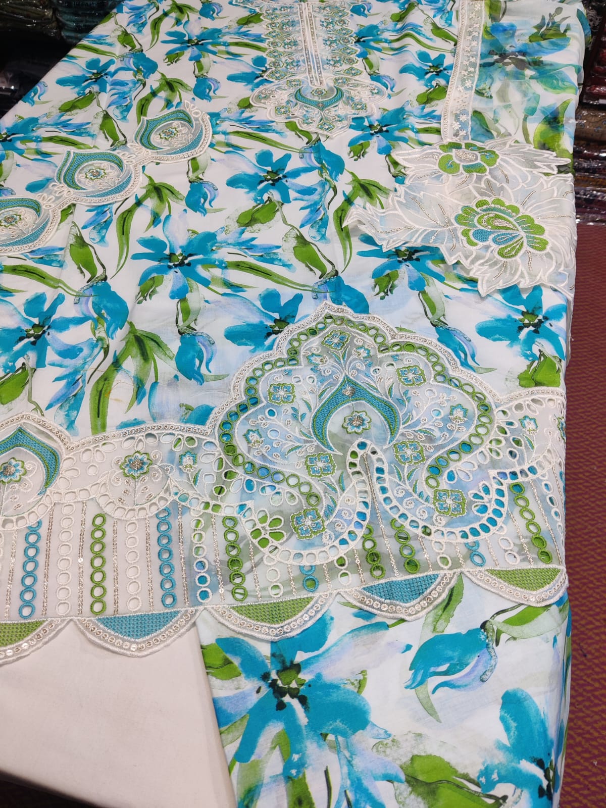 Danish Cloth Fatima Zahra decorative textile with intricate embroidery and vibrant colors, showcasing detailed craftsmanship.