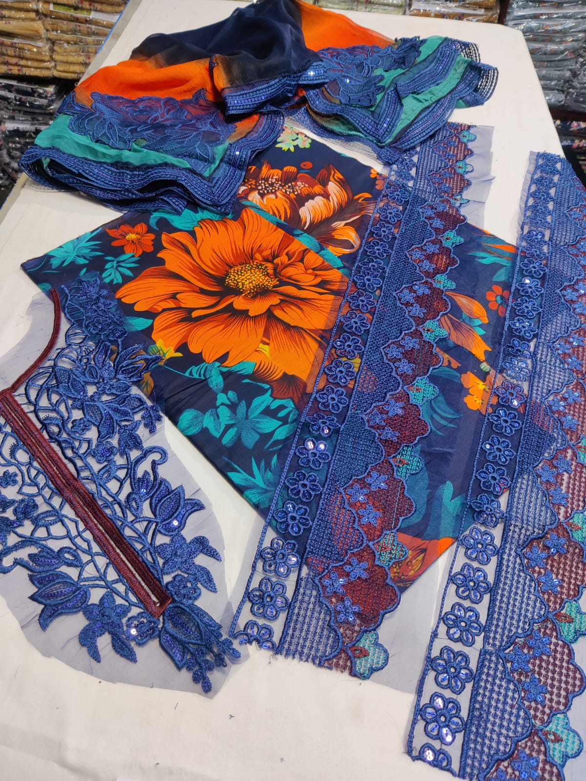 Danish Cloth Iznik Blue Black new fabric with intricate blue and black traditional Ottoman-style pattern on textured material