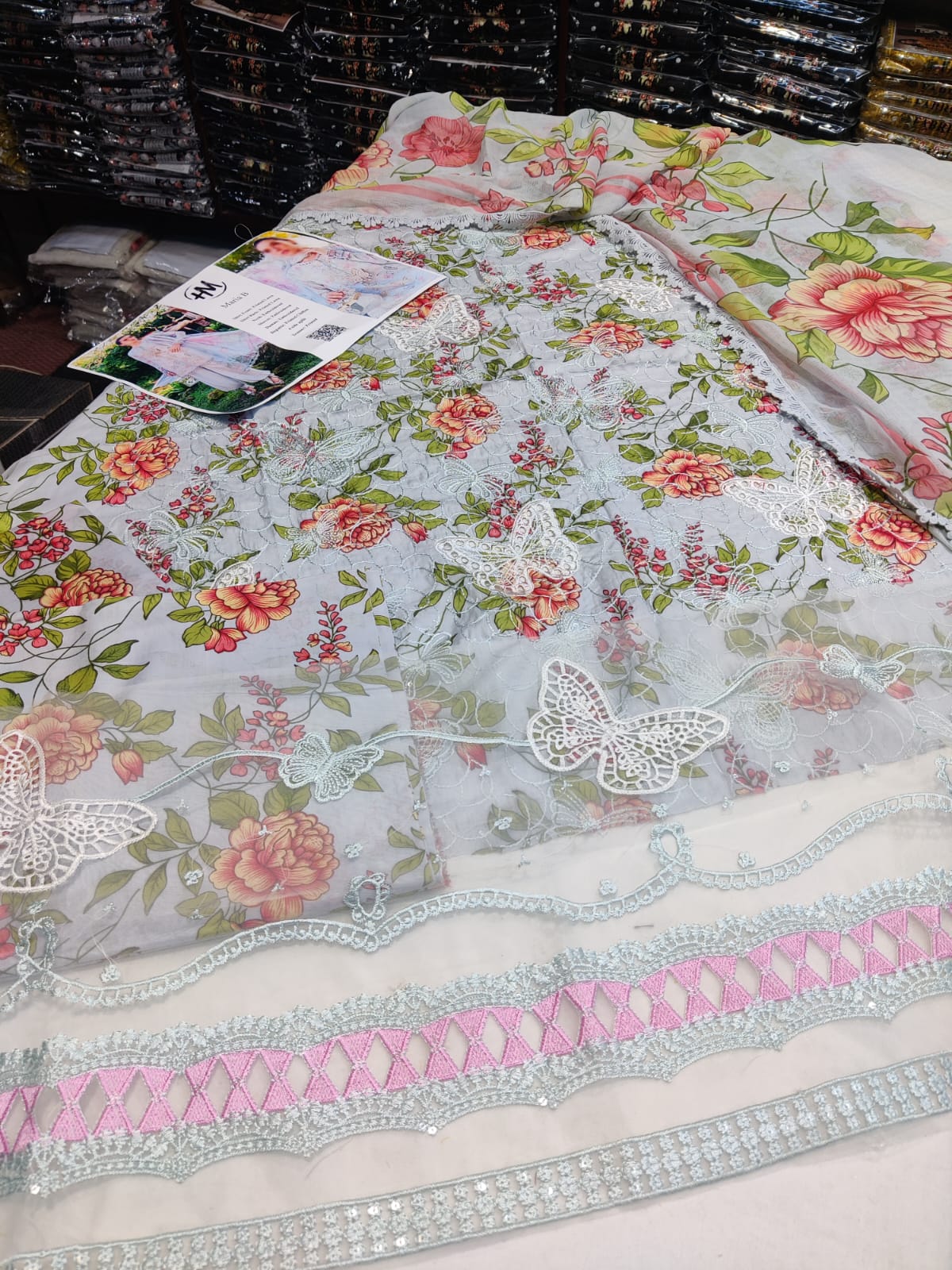 Gray Maria.B butterfly print blouse by Danish Cloth, shown with detailed fabric and butterfly pattern design.