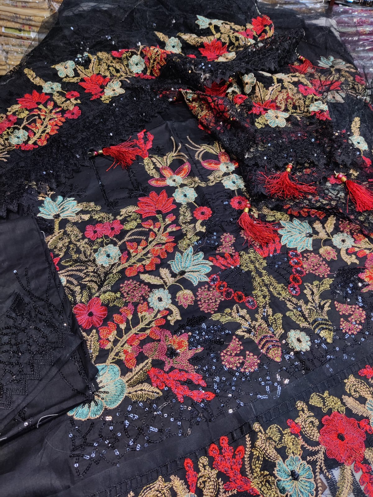 Danish Cloth Iznik Black new fabric featuring intricate black and white floral patterns on smooth textile surface.